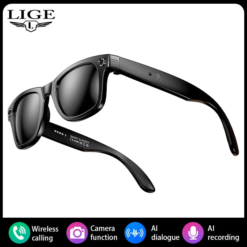 LIGE 100W Camera Bluetooth AI Smart Glasses with Voice Call Music Play Sunglasses Video Sound Record