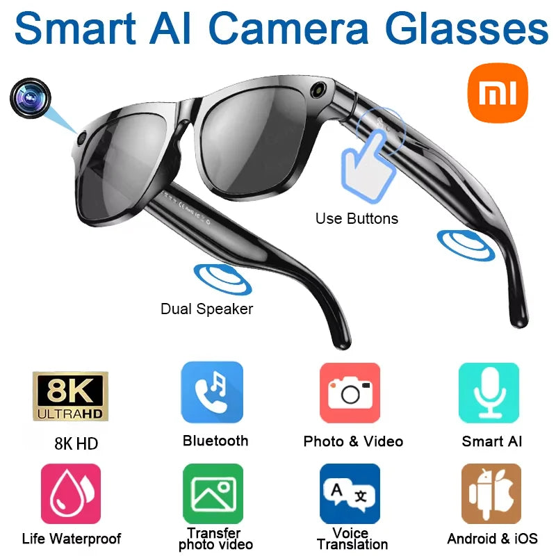 AI Smart Glasses Xiaomi 8K HD Photochromic Multifunction Translate Camera Music Player Bluetooth Calling Voice Assistant