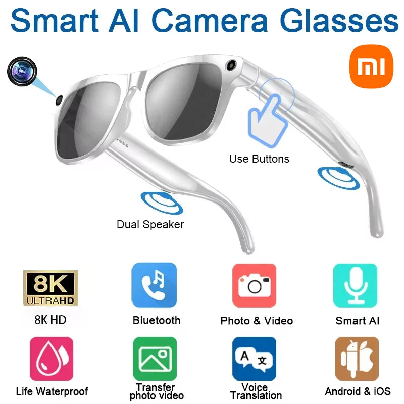 AI Smart Glasses Xiaomi 8K HD Photochromic Multifunction Translate Camera Music Player Bluetooth Calling Voice Assistant