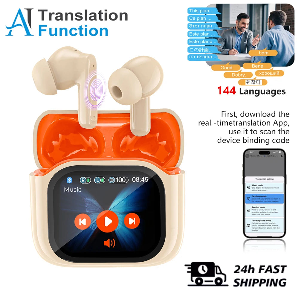 Real Time AI Translator Headphones with Touch Screen 144 Languages Translation Bluetooth 5.4 Earbuds Noise Cancelling Headset