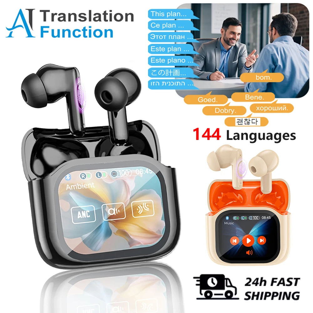 Real Time AI Translator Headphones with Touch Screen 144 Languages Translation Bluetooth 5.4 Earbuds Noise Cancelling Headset