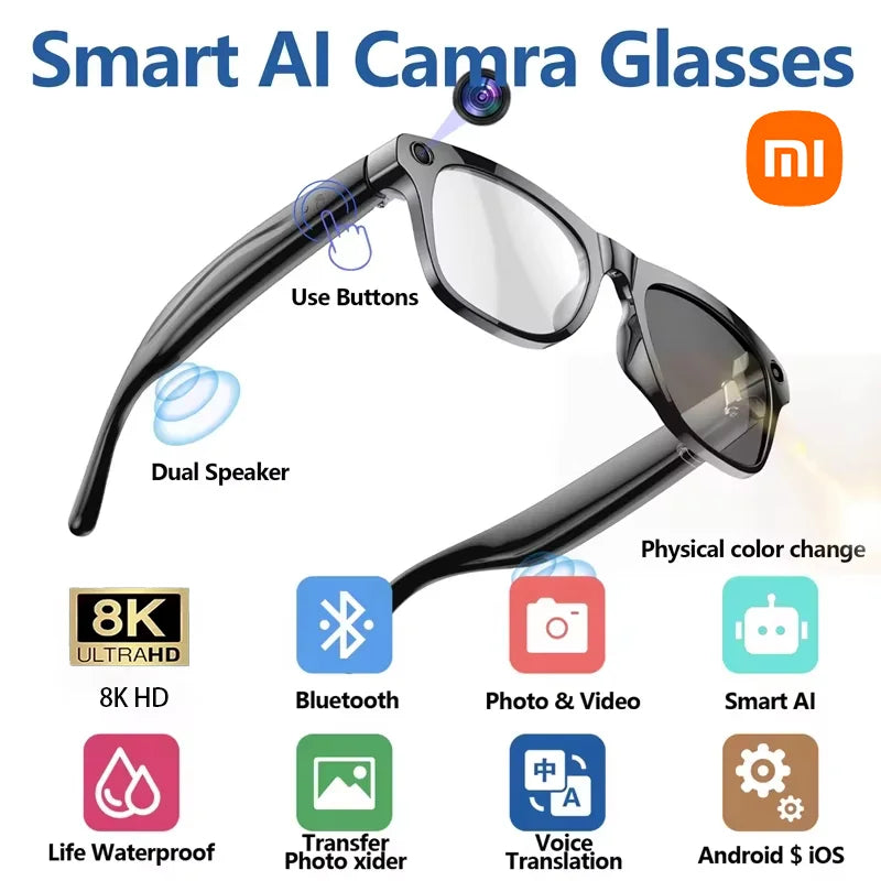 AI Smart Glasses Xiaomi 8K HD Photochromic Multifunction Translate Camera Music Player Bluetooth Calling Voice Assistant
