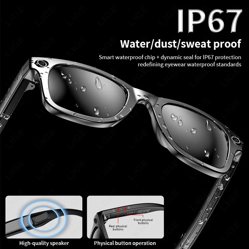 LIGE 100W Camera Bluetooth AI Smart Glasses with Voice Call Music Play Sunglasses Video Sound Record