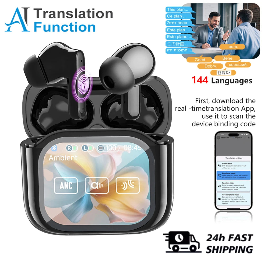 Real Time AI Translator Headphones with Touch Screen 144 Languages Translation Bluetooth 5.4 Earbuds Noise Cancelling Headset