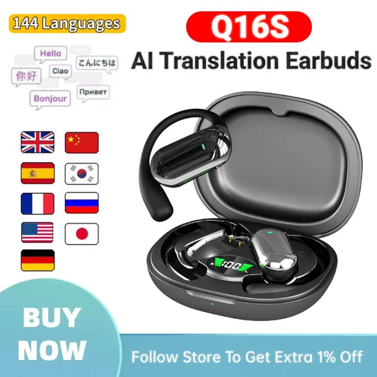 AI Translator Earbuds Real-Time Voice 144 Languages Instant Translation Noise Canceling Wireless Bluetooth Headphones