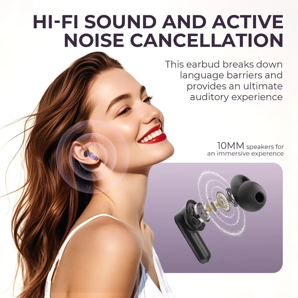 Real Time AI Translator Headphones with Touch Screen 144 Languages Translation Bluetooth 5.4 Earbuds Noise Cancelling Headset